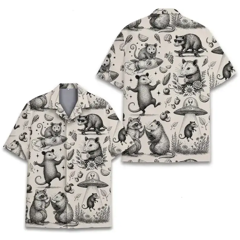 [NEW] Funny Opossum Hawaiian Shirt Men Women Youth, Vintage UFO Coffee Possum Shirt, Weird Animal Aloha Button Down Short Sleeve