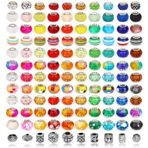 250Pcs Large Hole Beads for Jewelry Making 200pcs European Bulk Glass Rhinestones Lampwork with 50+pcs Silver Spacer DIY Craft Bracelet Necklace Earring Making