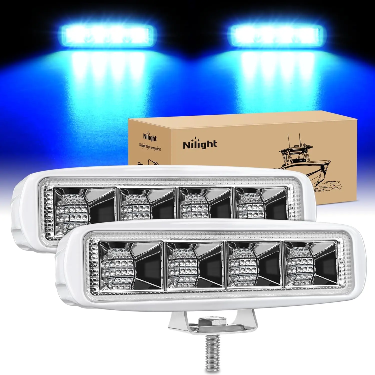 Nilight 2PCS 72W Waterproof Aluminum Marine LED Pods - Blue Flood Light, Vehicle Accessories, High Intensity, Heat Dissipation, Energy Efficient, for Night Fishing, Boat Deck/Dock, Construction Equipment