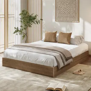 Full Bed Frame, Wood Platform Bed with Fluted Design, Low Profile BedFrame, Minimalist Bed Base with Noise-Free, Easy Assembly, No Box Spring Needed, Walnut