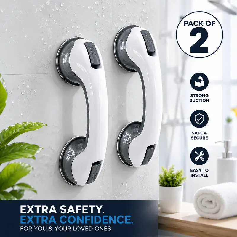 Bathroom Safety Removable Shower Handles (2-Pack, 12in) - Drill-Free, Heavy-Duty, Slip-Resistant for Seniors | Home Improvement Bathroom Fixtures