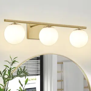 YHTlaeh Bathroom Wall Light Fixture, 3 Lights Bathroom Vanity Light With Brushed Brass Milk White Globe Glass Shades, Brushed Brass Vanity Lights For Bathroom, Powder Room, Vanity Table, Bedroom, Kitchen(Exclude G9 Bulb)