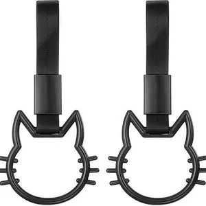 2-Pack JDM Tsurikawa Ring Cat Handle Hand Strap– Japanese Subway Style Car Hanging Charm, Decorative Hand Strap (Black)