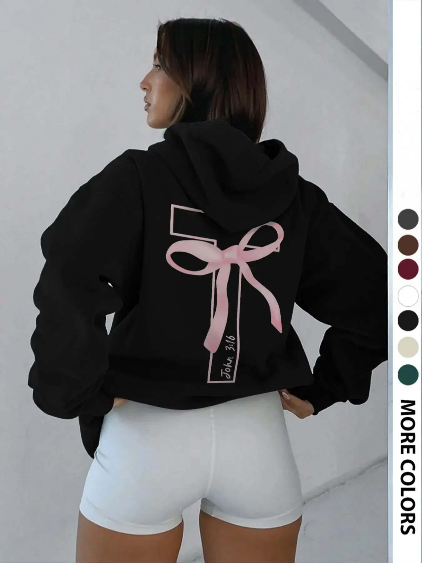 Women's Hooded Sweatshirt with Bowknot and Cross Print, Casual Loose Fit Long Sleeve Pocket Top, Fall Winter Fashion Streetwear, Womenswear, Everyday, Quality Hoodie Y2K Style Mini Dress Fitted Cargo Pants Shorts