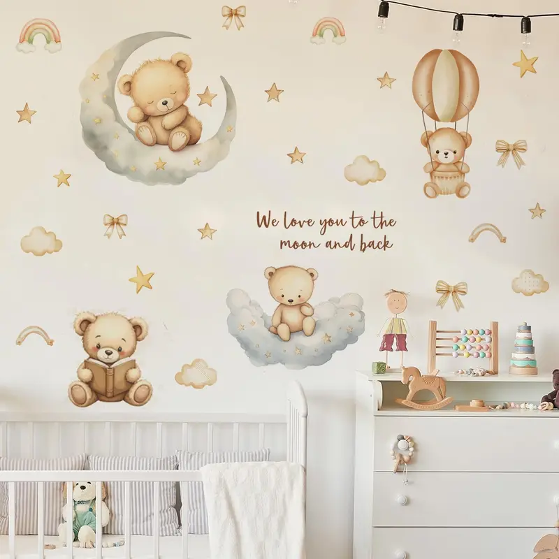 Teddy Bear Cartoon Decorative Wall Sticker, Vinyl Wall Art Stickers Decals for Baby Kids Room, Self Adhesive Waterproof Peel and Stick Nursery Decor, Living Room Home Decoration, Cute Wall Decor, Wall Decorations