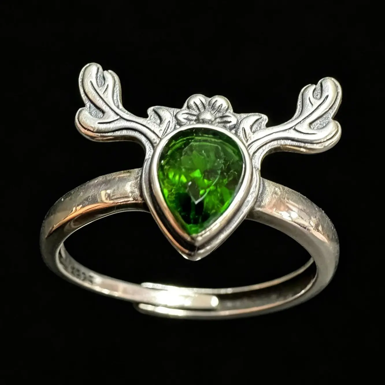 Deer Antler Chrome Diopside Adjustable 925 Silver Ring