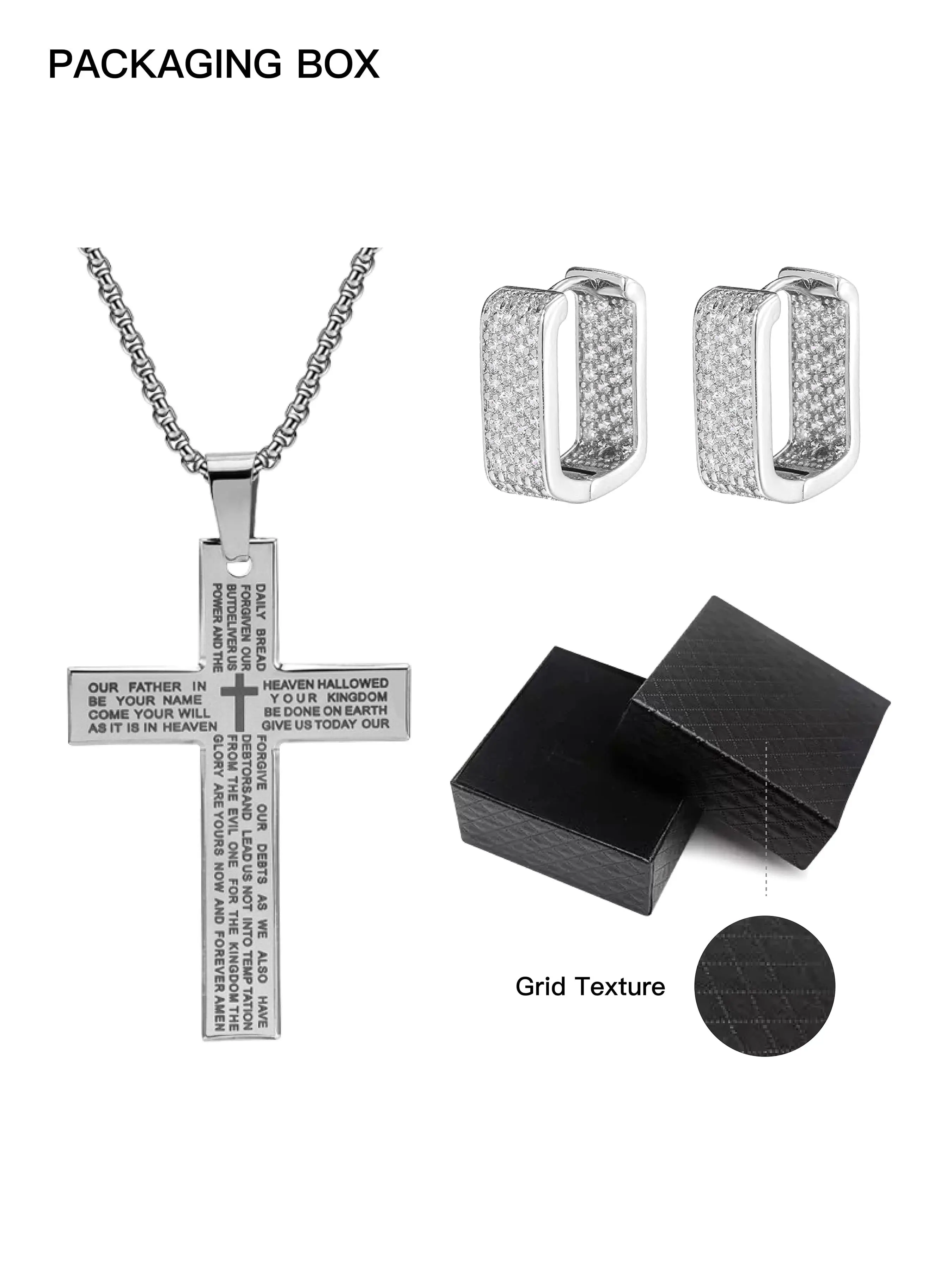Trendy Hip Hop Necklace Earring Set, Bible Cross Pendant Necklace and Full Zircon U-Shaped Earrings, Unisex Fashion Jewelry