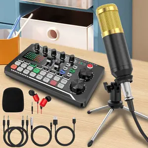 F998 Live Sound Card Audio Mixer, Podcast Equipment with Tripod Stand, 16 Voice Effects, Wired Microphone Control, Plug and Play