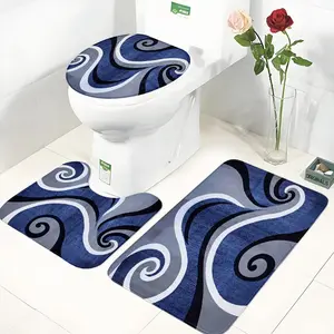 Blue Spiral Toilet Mat Set, Non-Slip Absorbent Bathroom Rug, U-Shaped Soft Comfortable Bath Mat, Floral Pattern, Indoor Use, Bathroom Floor Mat, Bathroom Mats