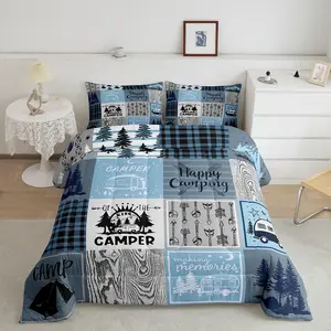 Camper Comforter Set,Happy Camping Bedding Set,Rv Bunk Accessories Comforter for Travel Trailers,Blue Grey Buffalo Plaid Arrow Pine Tree Quilt Duvet