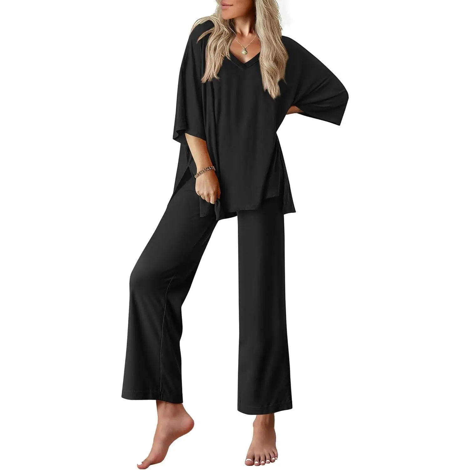 Women's 2-Piece Pajama Set, Short Sleeve Top & Long Pants Loungewear with Pockets, Soft Versatile Outfit, S-XX-Large Casual Homewear Nightwear, Lady, Basic, Clothes, S-Xxl