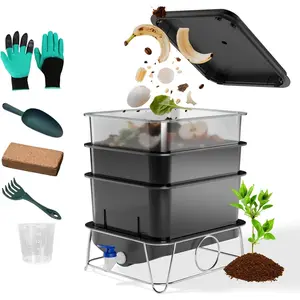 3-Tray 15L Worm Farm Composting Bin with Tool Set - Efficient Indoor/Outdoor Composter for Organic Waste Recycling, Beginner-Friendly Kit for Healthier Plants (Black)