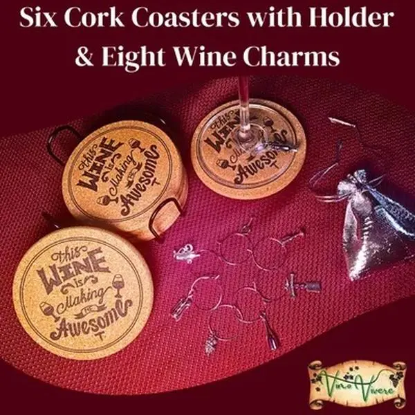 SET OF SIX WINE COASTERS & EIGHT WINE CHARMS