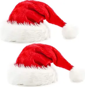 2pcs Santa Hats Set for Adult Red Fluffy Christmas Santa Hat for Adults Men Women with Plush Brim and Comfort Liner for Christmas Stocking Stuffer Gift New Year Party Supplies