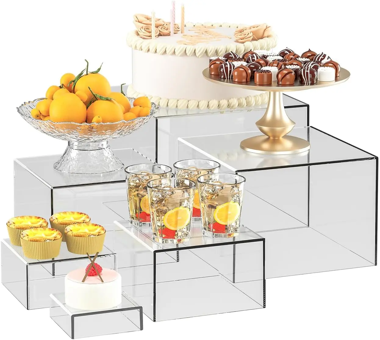 Eco-Friendly 1-Layer Acrylic Display Box Set (6-Pack, Assorted Sizes: 8in,7in,6in,5in,4in,3in) - Multifunctional Food & Fruit Buffet Risers for Tables, Decorative Stands for Event Planners