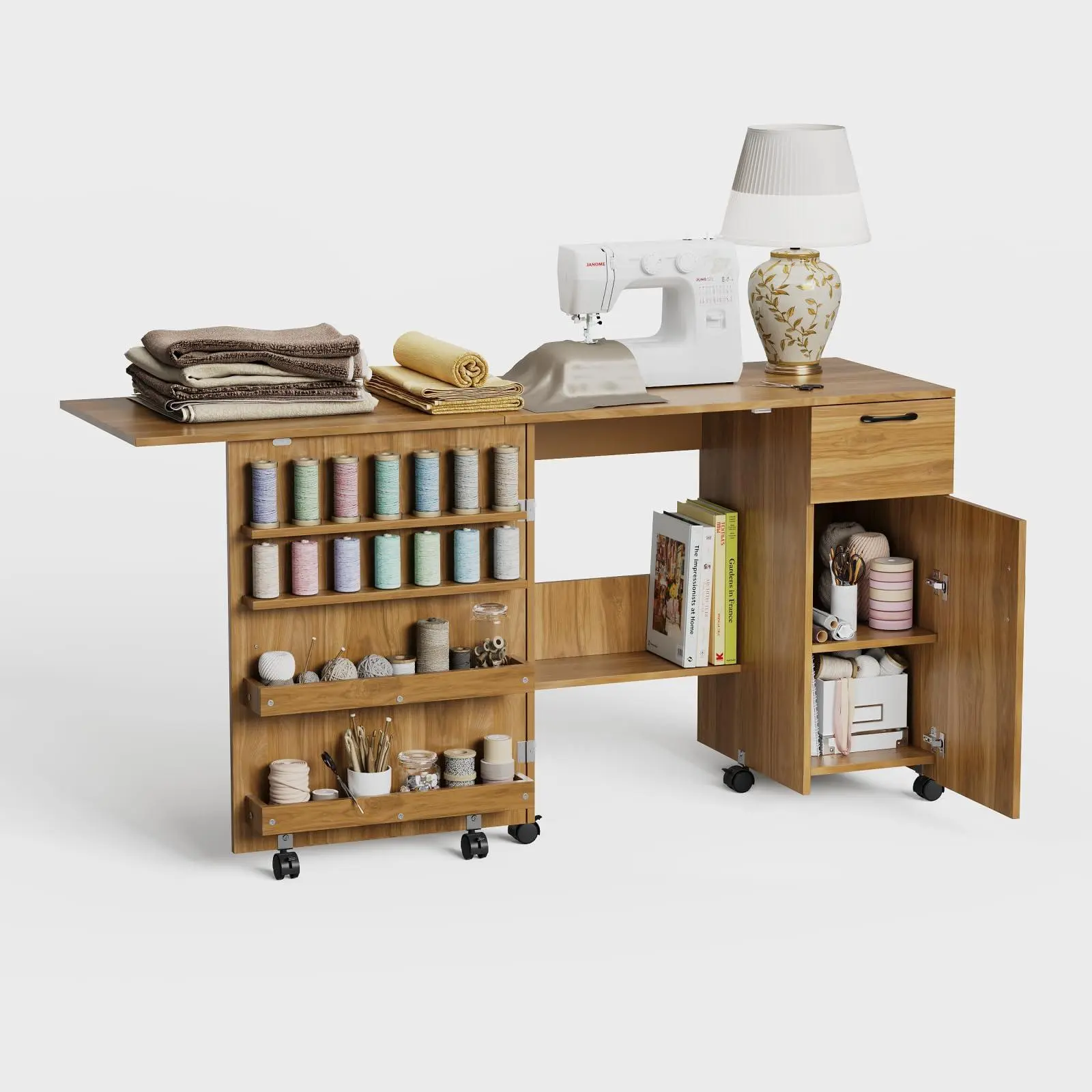 Folding Sewing Table Craft Station with Storage Shelves & Sliding Drawer, Rolling Sewing Cabinet with Lockable Casters, Engineered Wood Multi‑Purpose Work Desk for Craft Room Home