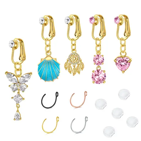 5PC Non-Piercing Stainless Steel Fake Belly Button Body Jewelry Accessory for Female - Clip-On, Rhinestone Accents, Lightweight, Secure Fit for Bikini Wear, Anniversary Gifts, Fake Belly Rings