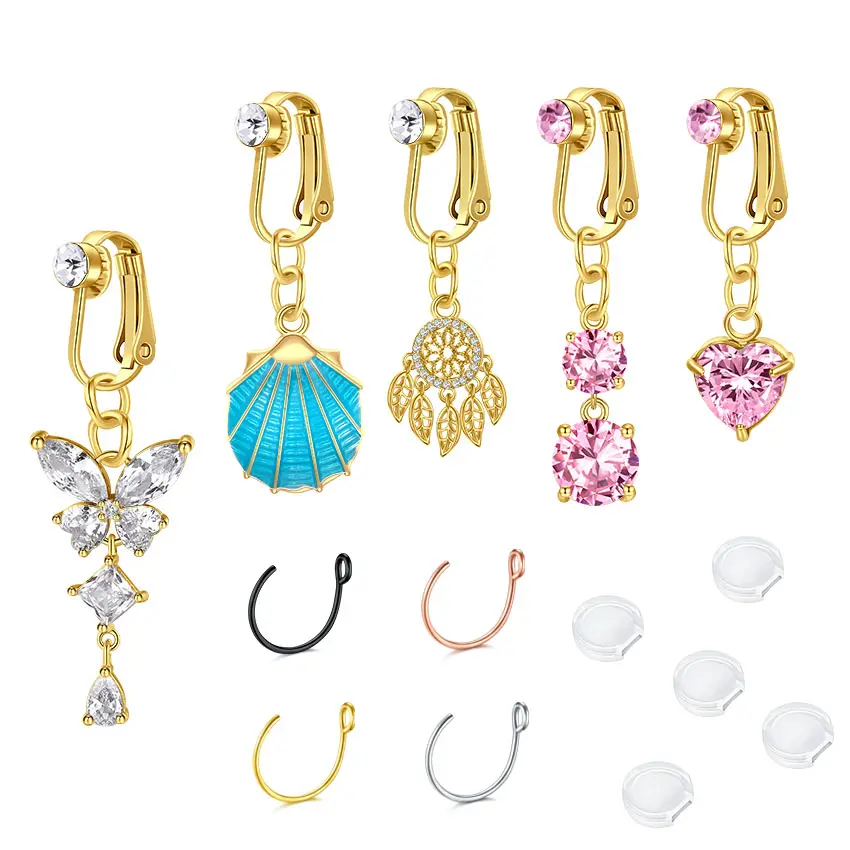 Non-Piercing Fake Belly Button Jewelry Set, 5PC Stainless Steel Rings with Secure Clip Fit – Fake Rings Let You Enjoy Piercings, Rhinestone, Lightweight, Clip-On, Secure Fit