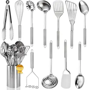 Stainless Steel Kitchen Utensils Set - 12 count Cooking Utensils Set with Holder, Heat Resistant Kitchen Tool Set for Cooking with Turners,  Masher, Spatula, Spoons, Tongs, Whisk