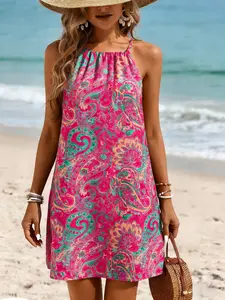 Spicy Coquette Hot Pink Paisley Halter Loose Mini Beach Dress, Vintage Boho Casual Mini Resort Dress, Chill Coastal Loose Mini Beach Dress Women Womenswear