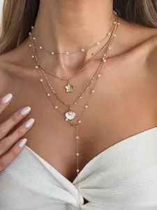 Vintage Metal Flower Shell Pendant Y-Shape Long Necklace Set, Layered Necklaces, Bohemian Charm Pearl Chain, Casual Style, Perfect for Women Daily Wear and Holidays