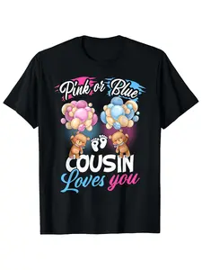 180G Pure Short-Sleeved T-Shirt with Round Neck, Featuring a Bear Design in Pink Or Blue, Perfect for Gender Reveal, Lightweight, Breathable, And Machine Washable