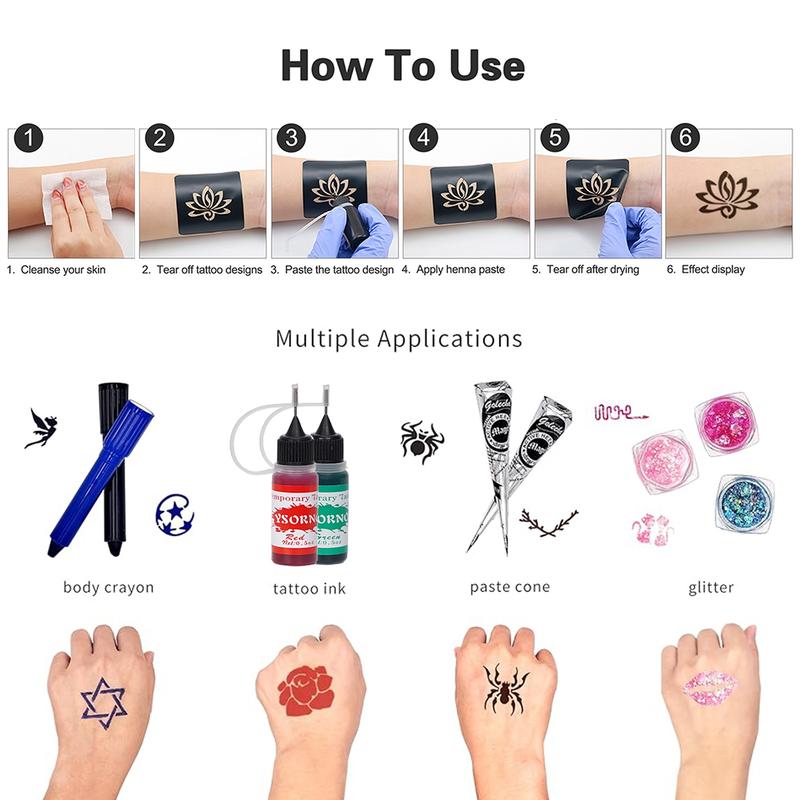 Temporary Tattoo Stencil Set with Butterfly Flower Letter Patterns, Includes 10 Bottles of Temporary Tattoo Juice, Multi-Pack, Temporary Tattoo Kit