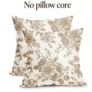 Vintage Floral Pillow Covers 18x18 Inch Set of 2 Tan and Cream Floral Throw Pillow Covers Chinoiserie Flower Pillowcases Rustic Farmhouse Cotton Linen Cushion Covers for Couch Bed Sofa Home Decor