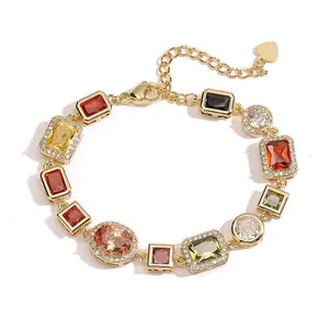 Women's 2-Piece Multicolor Sparkling Zircon-Inlay Pendant Necklace & Stackable Elegant Jewelry Bracelet Set - CZ Artificial Gemstone Accessories for Daily Wear, Fashion Matching, Stackable Bracelet
