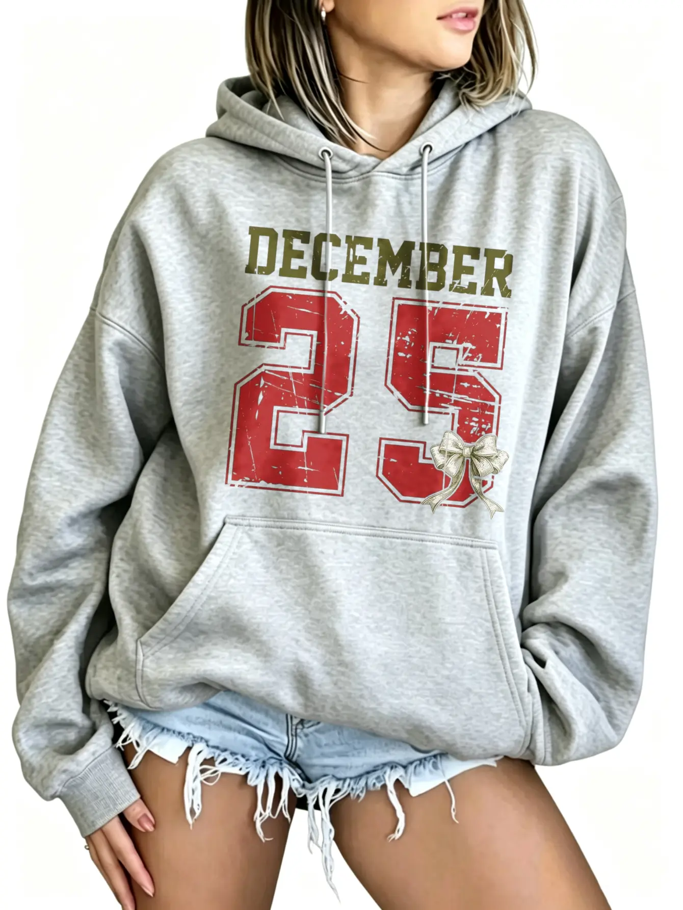 December 25 Hoodie Women Coquette Christmas Bow Oversized Graphic Sweatshirt Grey Vintage Distressed Number Print Hooded Top Cute Festive Holiday Outfit Long Sleeve Drawstring Pocket Jumper Aesthetic Preppy Winter Streetwear