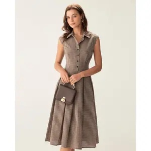 Brown Plaid Button Pleated Midi Dress
