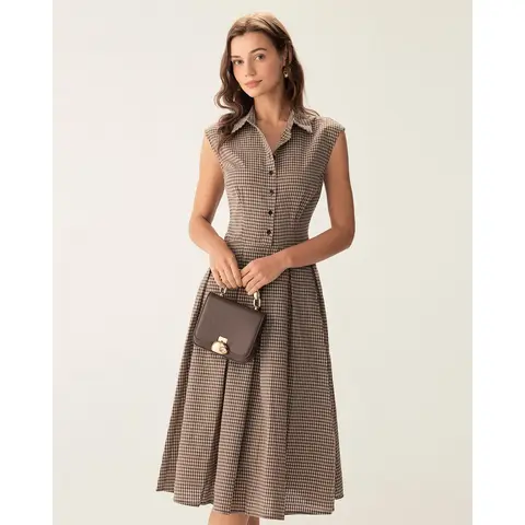 Rihoas Women's Cotton Plaid Cap-Sleeve Waisted Button-Front Pleated Medium-Length Dress - Brown Neutral-Tone, Soft Fabric, Corporate Office Wear, Ready to Wear, Zipper Closure, Business Casual Outfits
