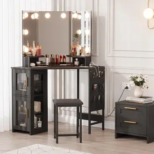 Garvee Corner Vanity Desk with Mirror and Lights, 3 Color Lighting Modes Makeup Vanity with Stool, Cabinet & Power Outlet, Modern Dressing Table for Bedroom, Makeup Studio, Black