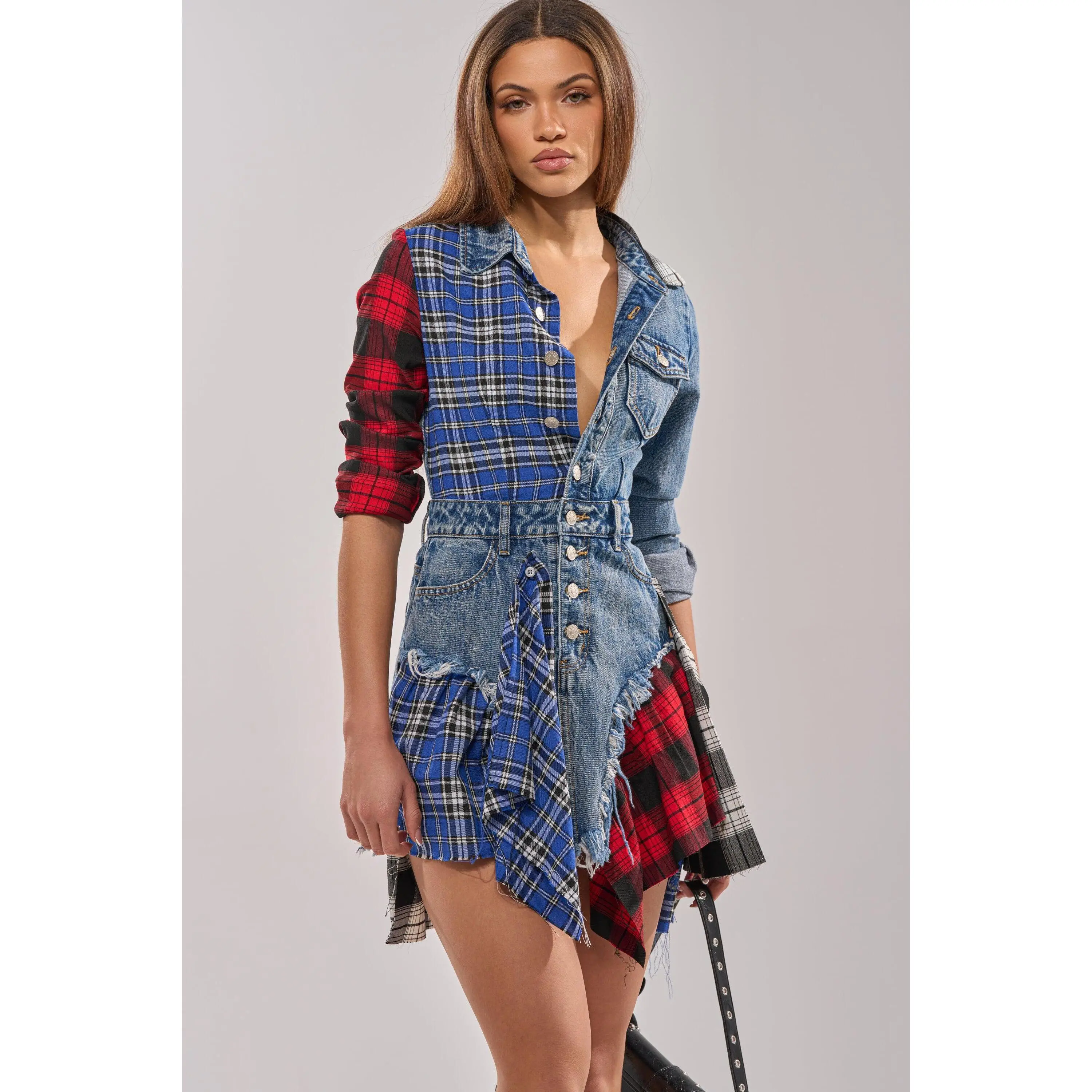 PATCHWORK PLAID DENIM MINI DRESS PATCHWORK PLAID DENIM MINI DRESS