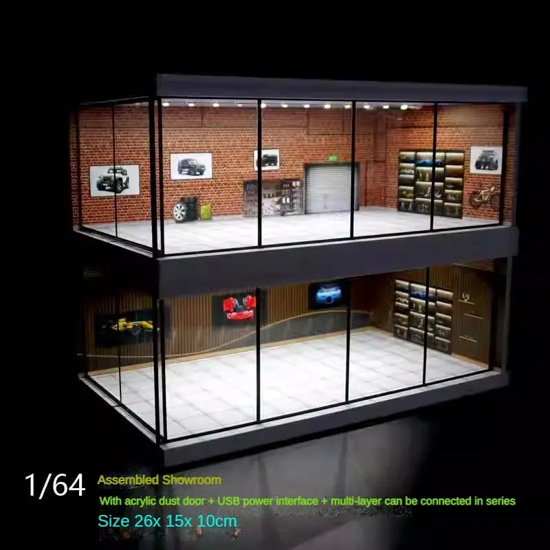 1/64 Scale Diorama Car Garage Model LED Lighting City Street View Car Showroom Model Car Parking Lot Scene Display Model Collection Toy Gift