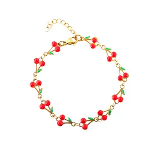 18K Real Gold Plated Cherry Necklace for Women with Red Beads & Gold Finish Charm Elegant Fashion Jewelry Set