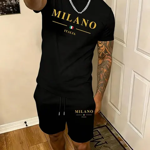 Milano Italia Men's Summer 2-Piece Short Set - Luxury Fitted Graphic T-Shirt & Sports Shorts Sporty Tracksuit - High-End Fashion Athletic Streetwear Summer Clothes for Vacation & Casual Daily Wear Athleisure Fashion Apparel