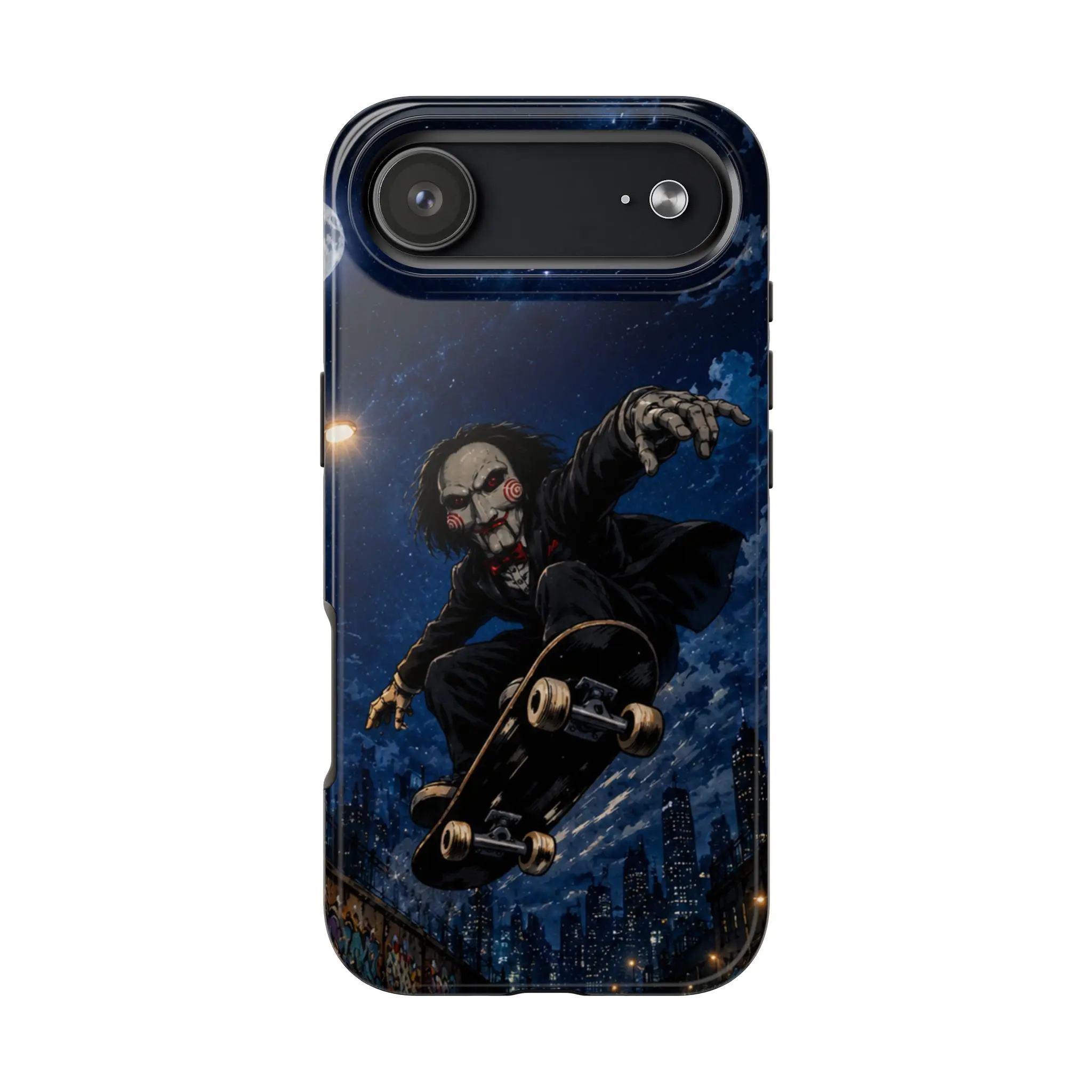 Creepy Puppet Skateboard Dual Layer Phone Case - Horror Mask Skater Night City Graphic Cover, Dark Halloween Skateboarding Cell Protector with Spooky Streetwear Accessories for iPhone 17/16/15/14/13/12/11 Pro Max/Plus