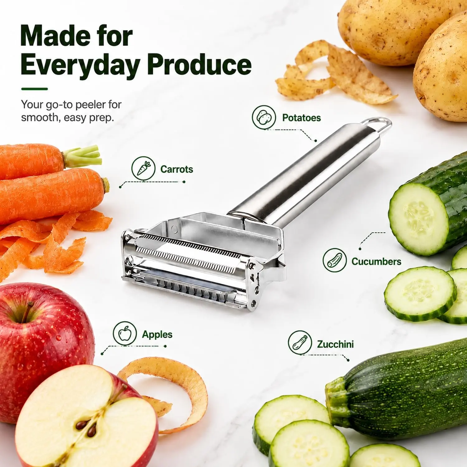 2-in-1 Vegetable Peeler and Julienne Peeler, Stainless Steel Kitchen Tool