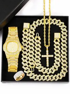 5-Piece Gift Set with Religious Cross and Fashion Quartz Watch, Sparkling Cuban Chain Necklace and Bracelet for Unisex Party Style Accessories