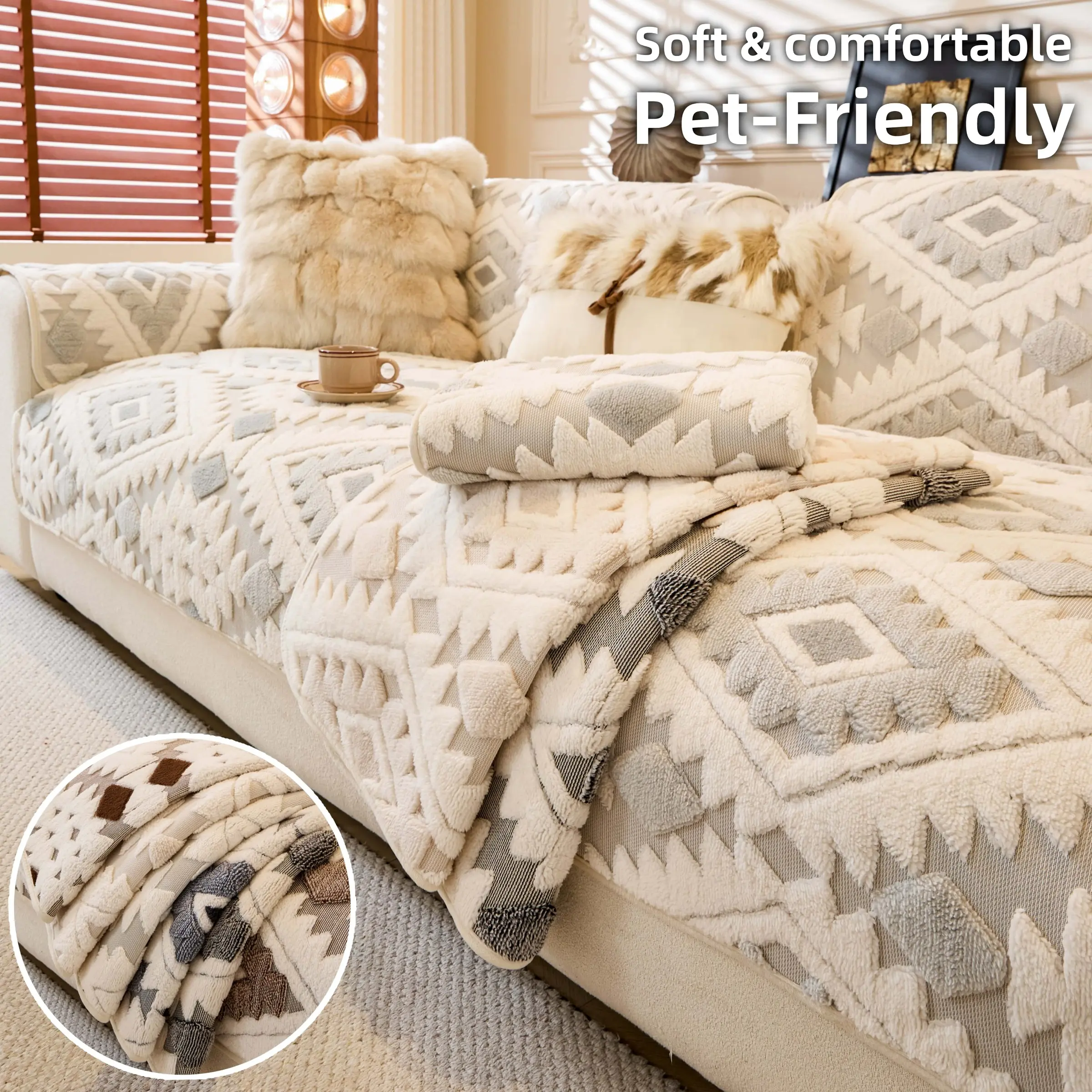 Boho Plush Sofa Cover, Quilted Sofa Cover, Decorative Couch Cover, Soft Couch Cover, Sofa Couch Slipcover, Pet-Friendly Non-Slip & Machine Washable, Anti-Scratch Throw, Fits 1/2/3/4-Seater & L-Shape Sectional, Armrest/Backrest Pieces, All-Season Decor