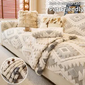 Boho Plush Sofa Cover, Quilted Sofa Cover, Thick Soft Couch Cover, Pet-Friendly Non-Slip & Machine Washable, Anti-Scratch Throw, Fits 1/2/3/4-Seater & L-Shape Sectional, Armrest/Backrest Pieces, All-Season Cozy Living Room Decor