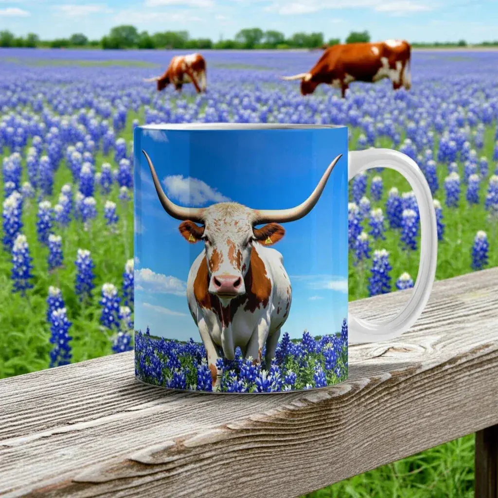 Texas Longhorn in Bluebonnet Field Ceramic Mug – 11oz & 15oz  Coffee Cup - Western, Ranch, and Texan Pride