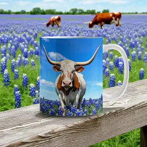 Texas Longhorn in Bluebonnet Field Ceramic Mug – 11oz & 15oz  Coffee Cup - Western, Ranch, and Texan Pride