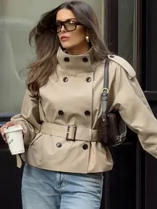 Khaki Cropped Trench Coat Women's Jacket Demi-Season 2026 Casual Double-Breasted Long Sleeve Belt Coats For Woman Korean Climate Many Outerwears Fashion Streetwear Windbreaker