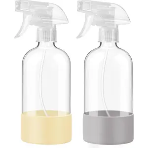 Glass Spray Bottles with  Sleeve, 2 Pack16 oz Empty Refillable Containers with Adjustable Spray Nozzles, Spray Bottles for Hair, Cleaning Solutions and  Pale Yellow&Grey