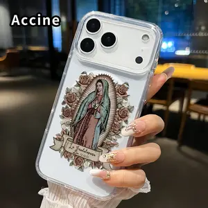 Transparent Magnetic Phone Case for iPhone 17 Pro Max 17 Air Virgin Mary  Pattern Acrylic Back Soft Edge Anti-Slip Hard Shell