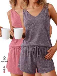 2026 V Neck Vest Lounge Set, Comfort & Soft Sleeveless Tank Top & Knot Decor Front Shorts, Women's Loungewear & Sleepwear