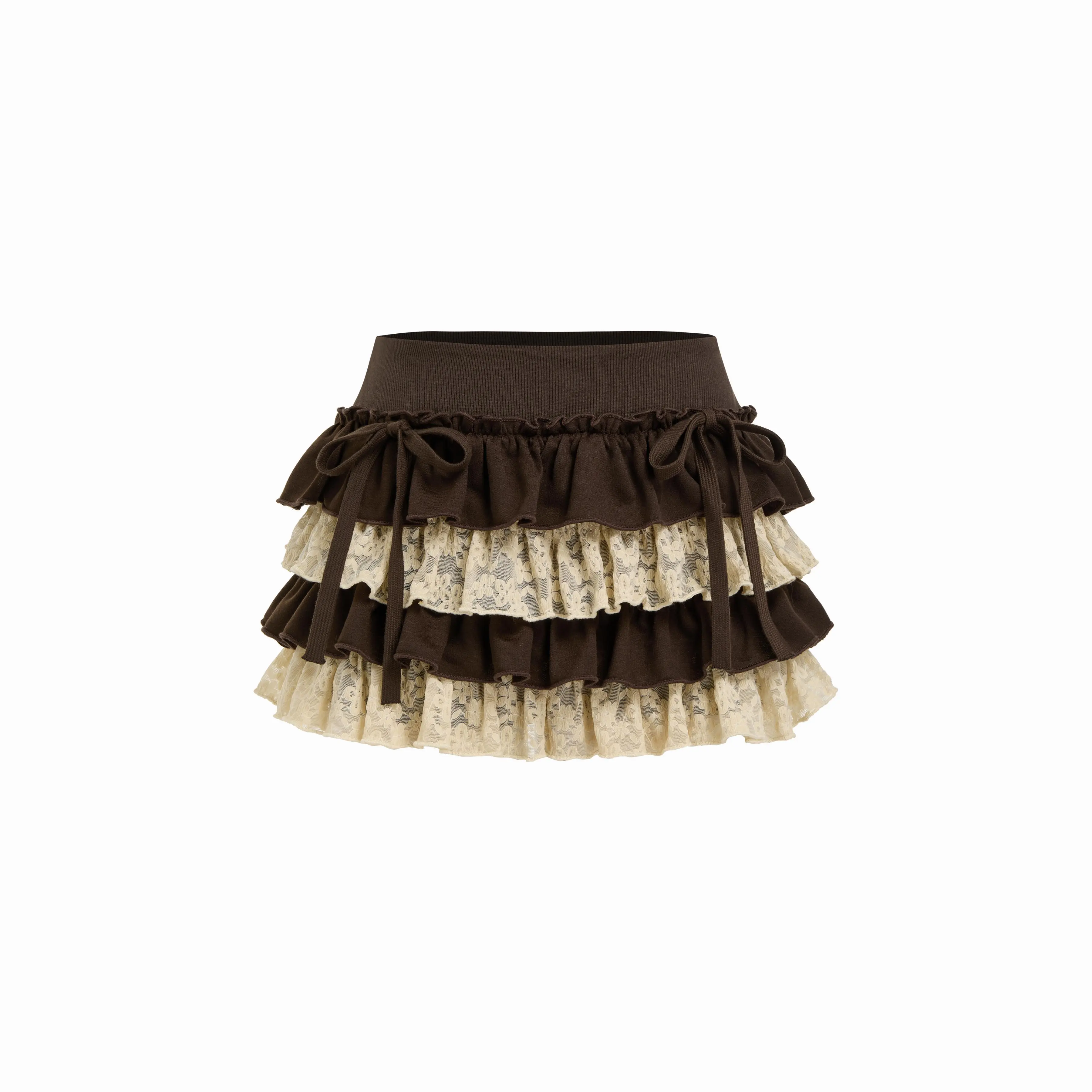 Cider Women's High-Waist Polyester Skirt - Cute Lace-Layered Mini Pantskirt with Bowknot, Lettuce Trim, Chic Casual Wear Bottoms