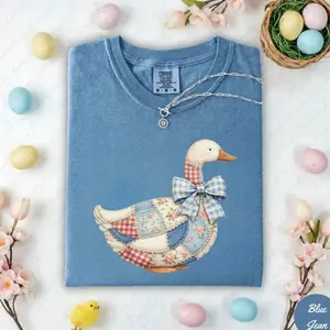 Faux Patchwork Grandmacore Goose T-Shirt – Easter graphic tee, floral retro coquette duck shirt